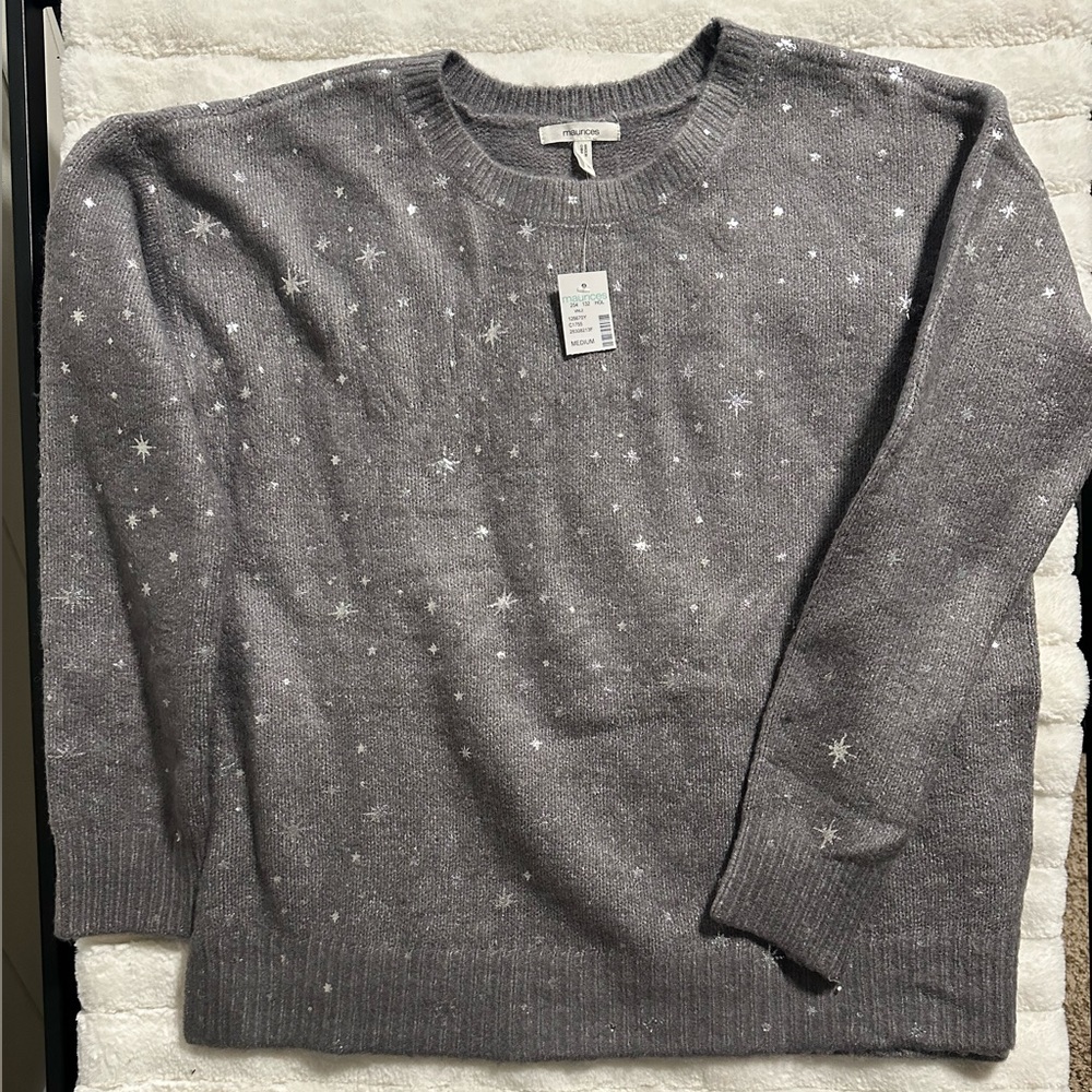MAURICES PULLOVER SWEATER GRAY SILVER STARS LONG SLEEVE STRETCH WOMENS MEDIUM